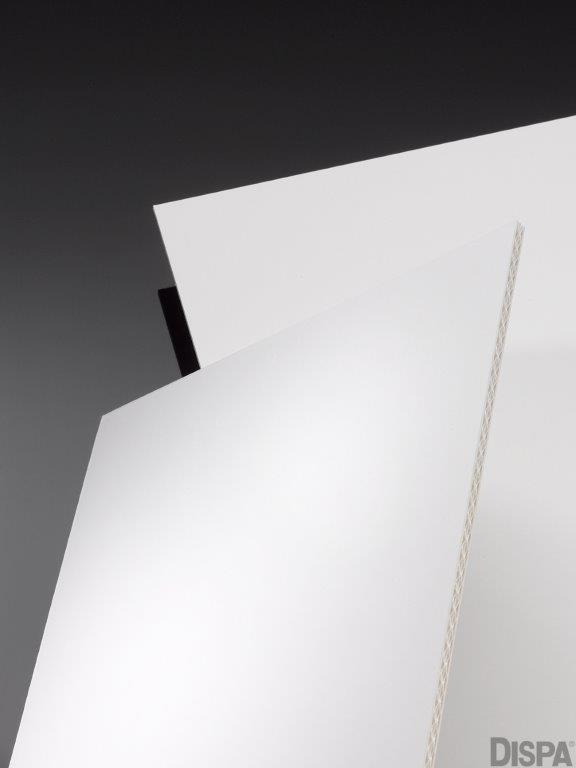 Deux panneaux en papier écologique de la gamme DISPA®, par 3A Composites, sont représentées avec des surfaces blanches et une structure unique gaufrée